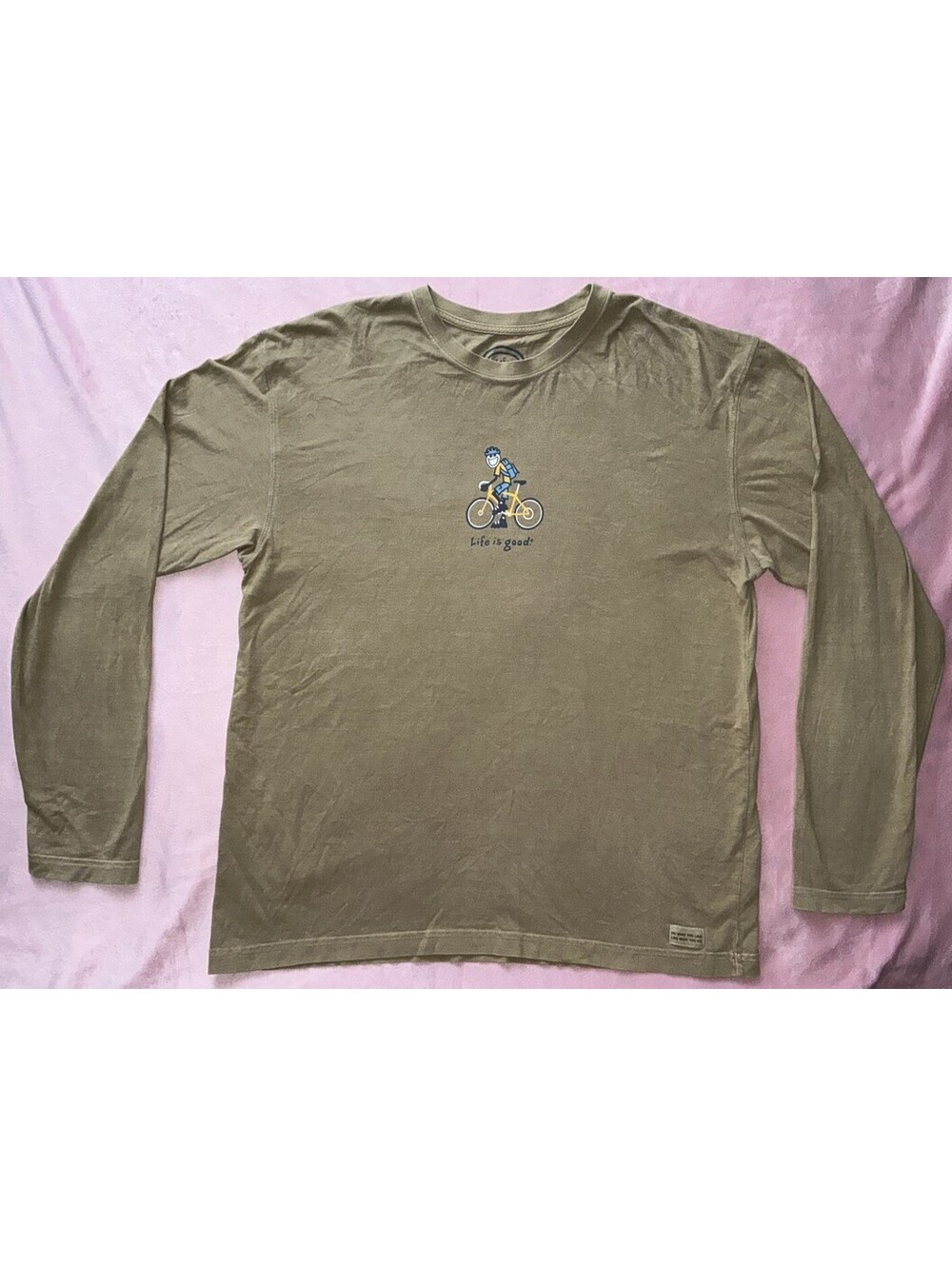 Life Is Good T-Shirt Mens Large Tan Long Sleeve Tee Biker Cyclist Mountain
